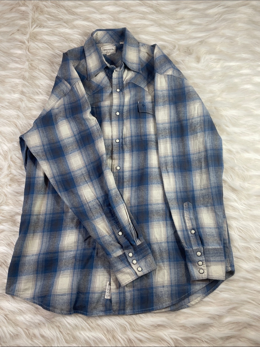 Stetson Pearl Snap Shirt Men's Large Blue Plaid